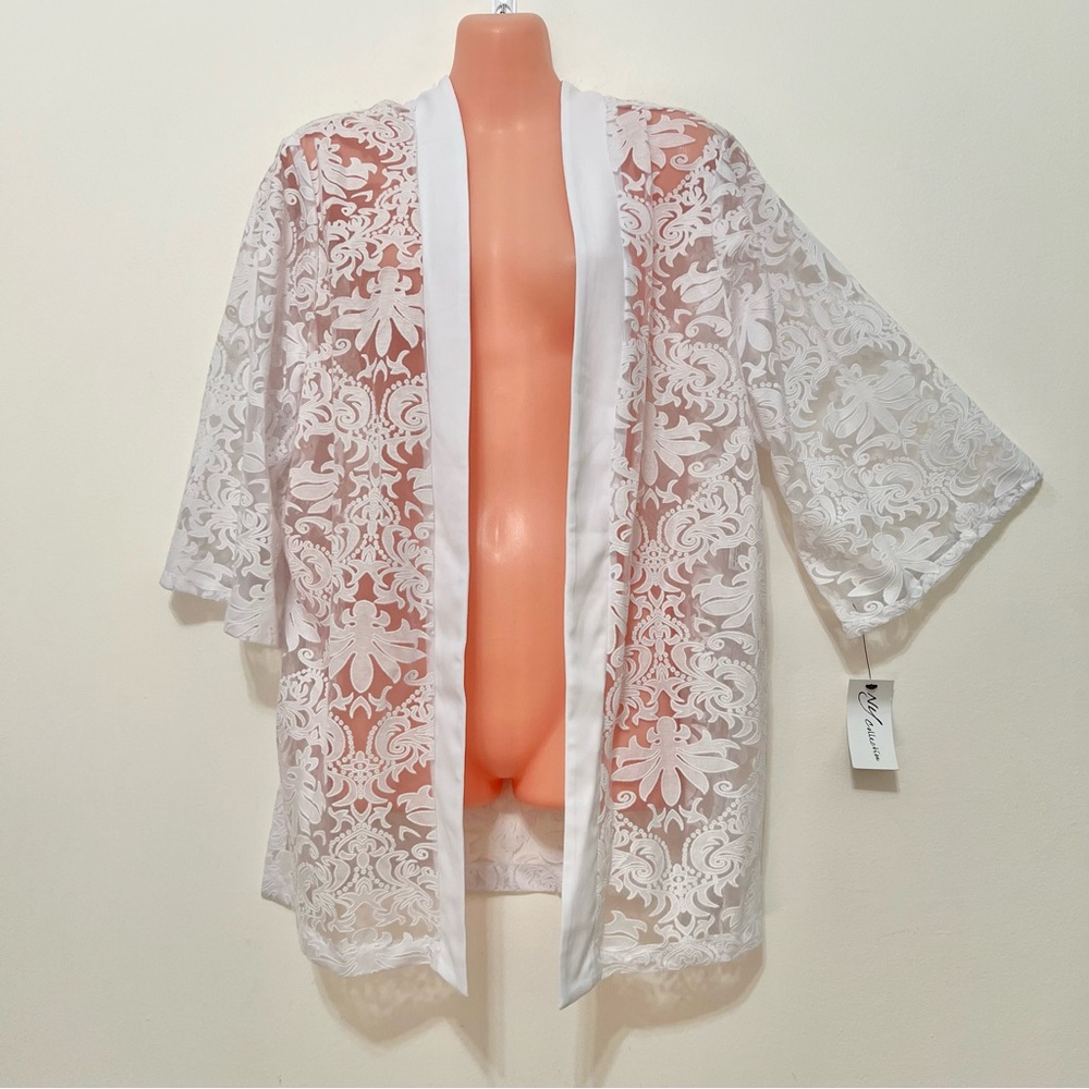 NWT NY Collection Embroidered Mesh Lace Open Cardigan Swimsuit Cover Up Boho